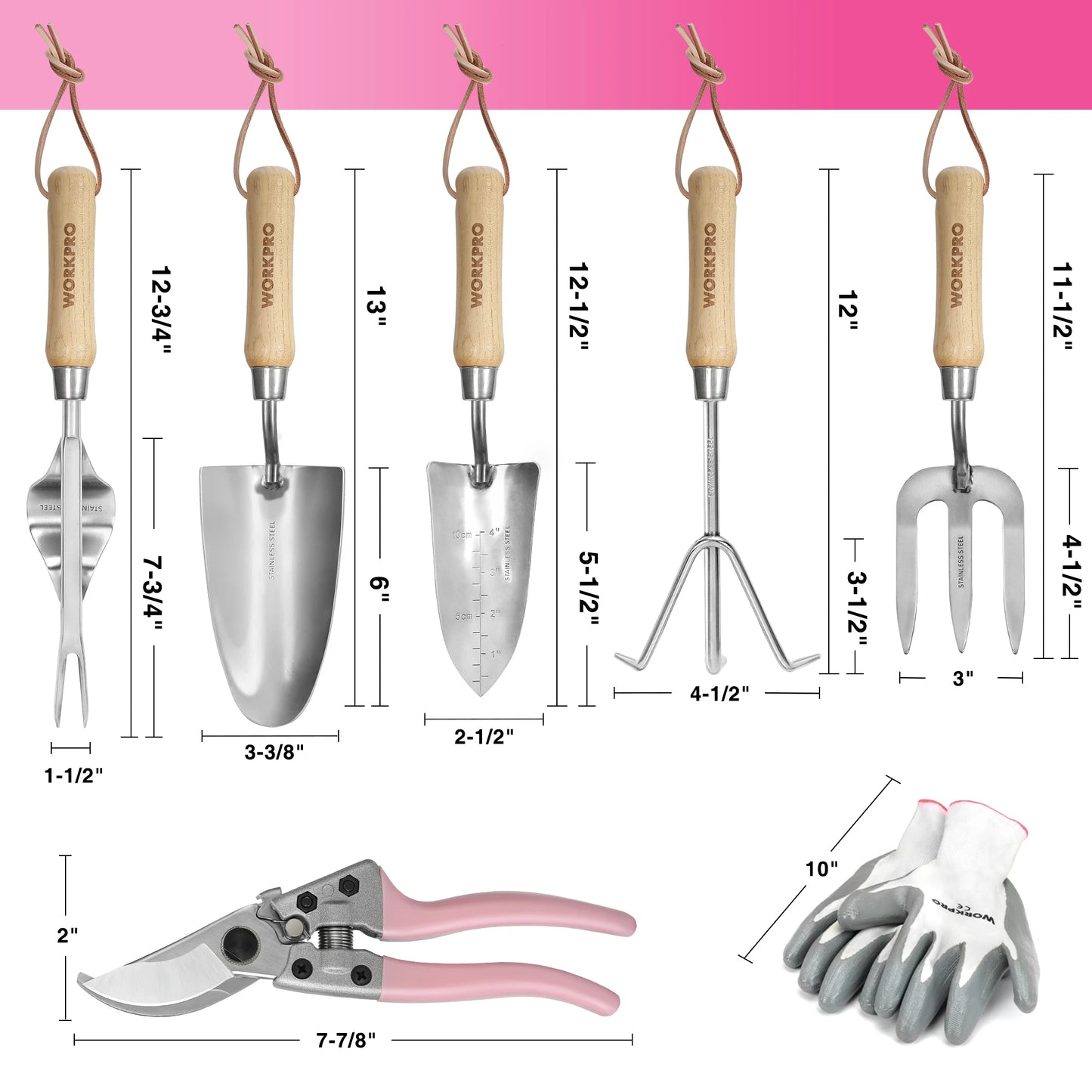 8-Piece Pink Garden Tool Set, Stainless Steel Gardening Tools with Wood Handle