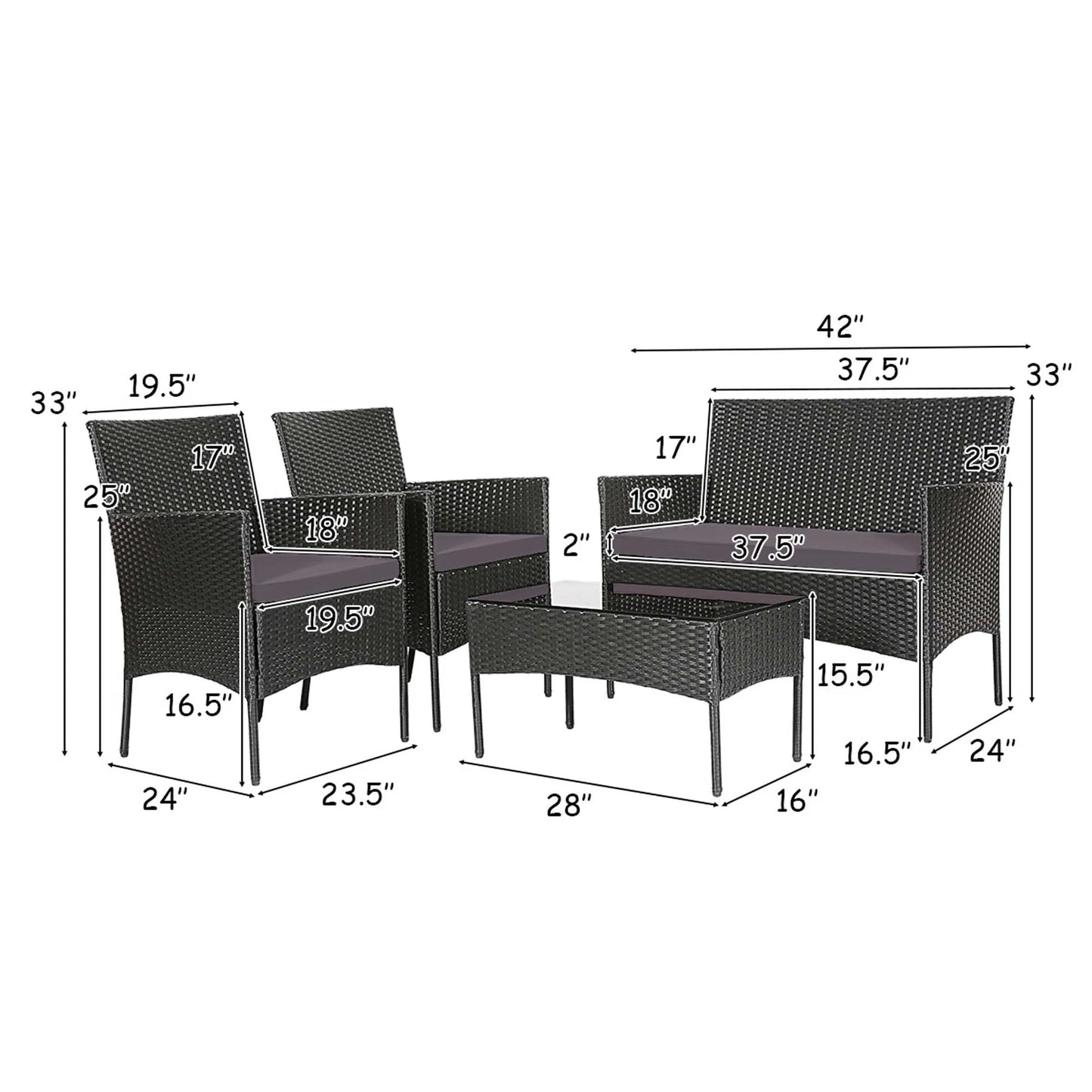 4PCS Patio Cushioned Sofa Furniture Set with Coffee Table